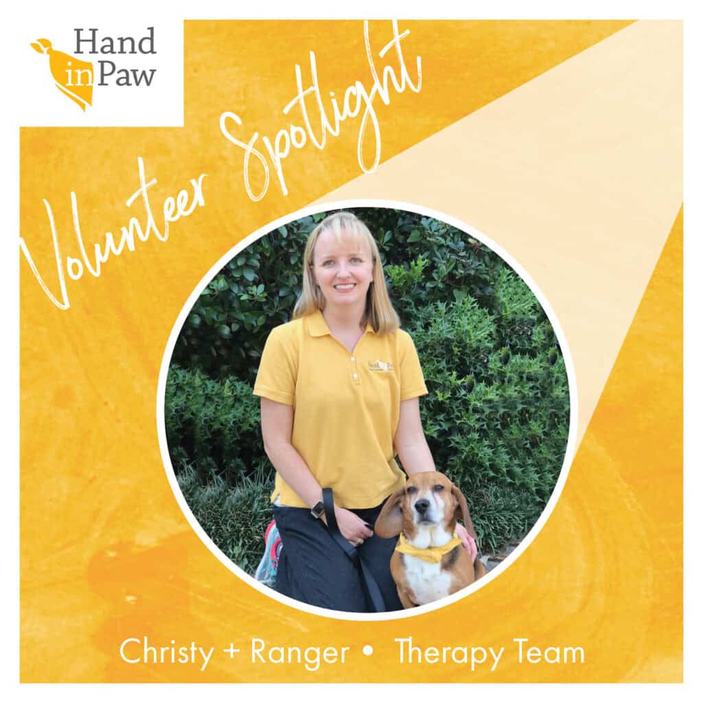 Volunteer spotlight featuring Christy and Ranger, a Hand in Paw therapy team