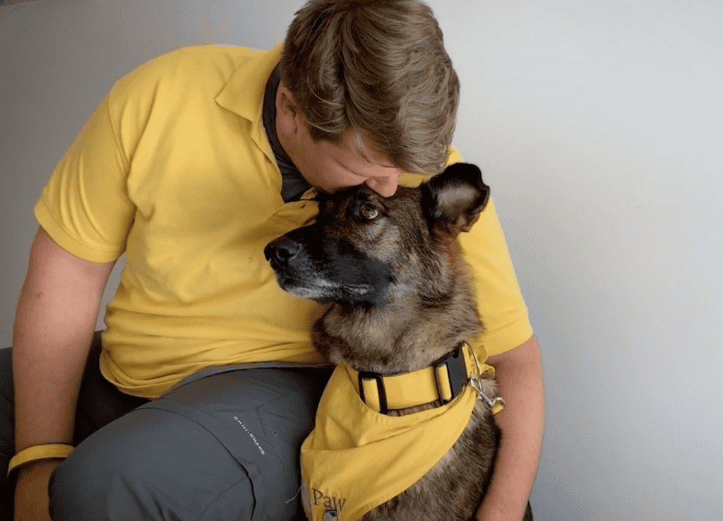 Hand in Paw volunteer cuddling a therapy dog during a volunteer spotlight.
