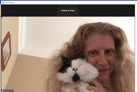 Nancy holds Phantom during a Hand in Paw Zoom meeting.