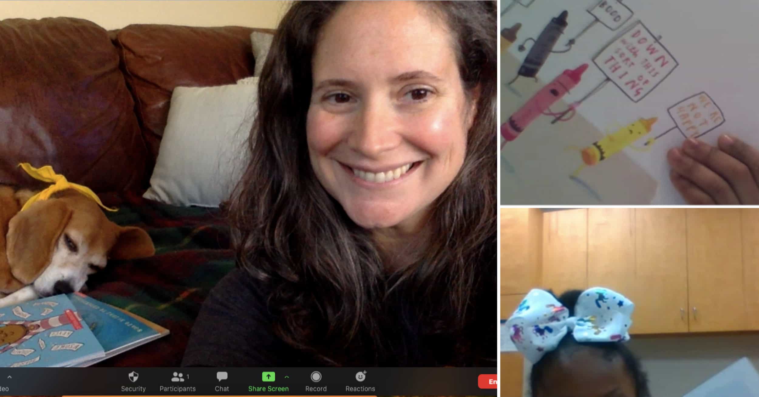 Virtual story time with a Hand in Paw volunteer, therapy dog, and children’s activity materials.