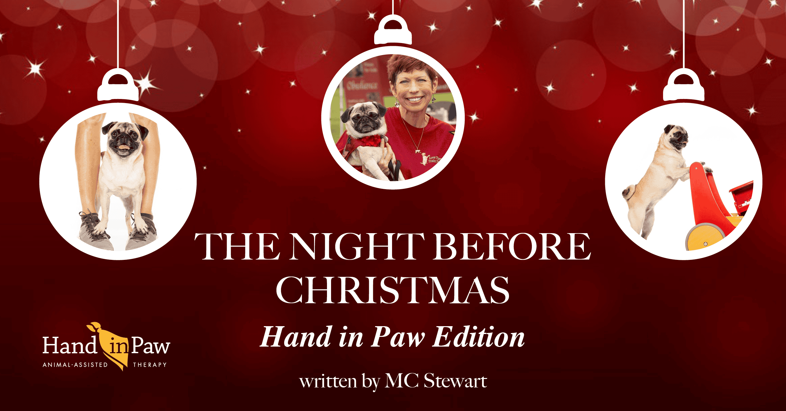The Night Before Christmas: Hand in Paw Edition, featuring therapy dogs and a volunteer handler.