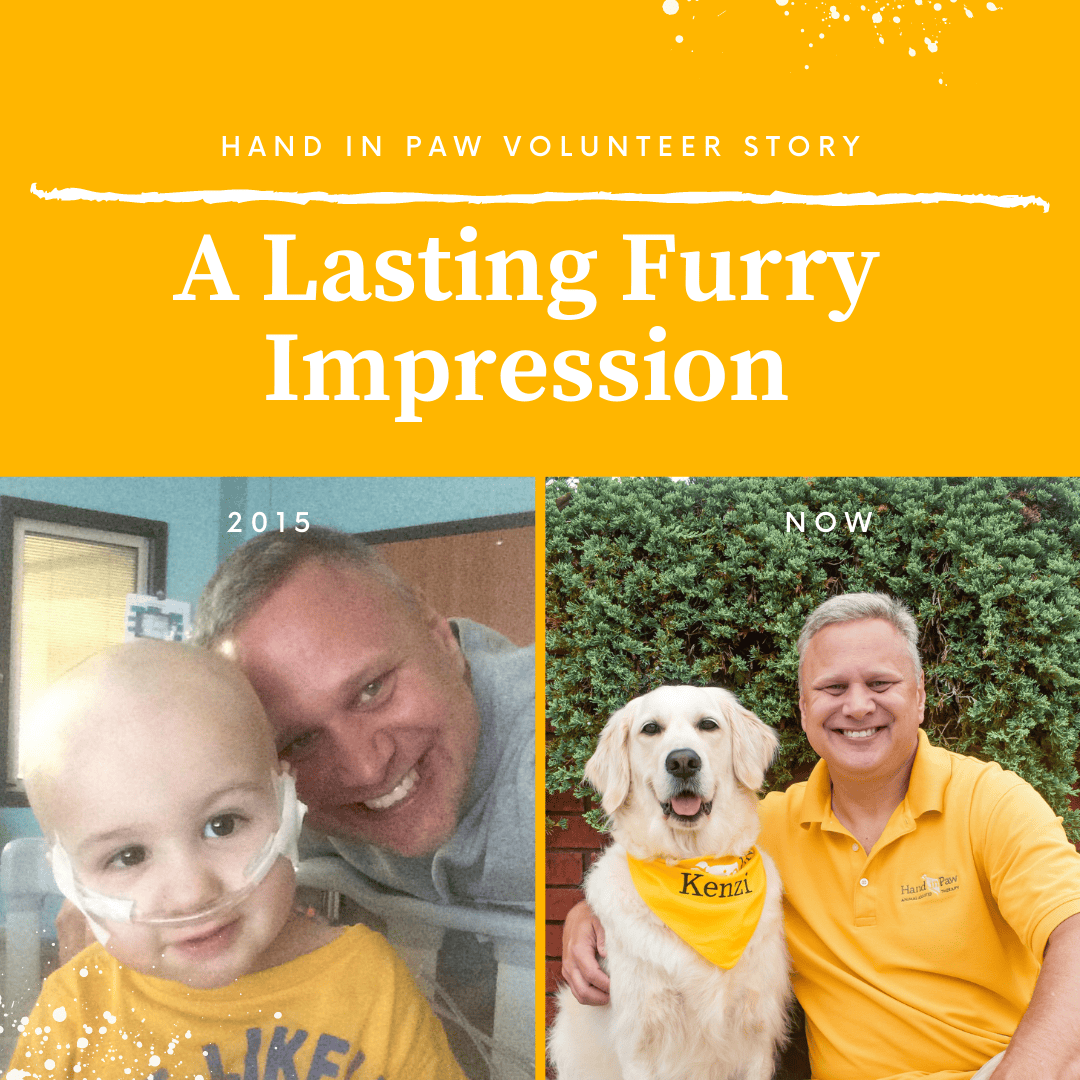 Hand in Paw volunteer story showing a child and volunteer in 2015 alongside therapy dog Kenzi and handler today