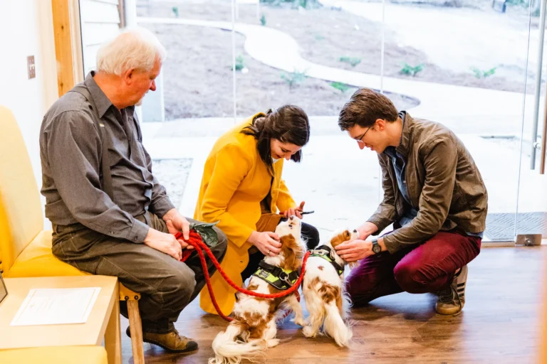 A photo of Brittany and Cooper Filby and a volunteer with two spaniels at the ribbon cutting of Hand in Paw's new office in 2019.