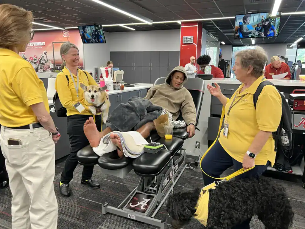 Hand in Paw therapy dog visits a patient with volunteer handlers at a community care facility.