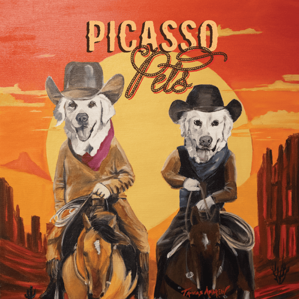 Picasso Pets gala artwork featuring two dogs dressed as Western riders on horseback against a desert sunset.