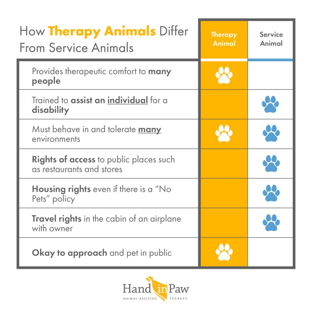 A table showing How Therapy Animals Differ From Service Animals