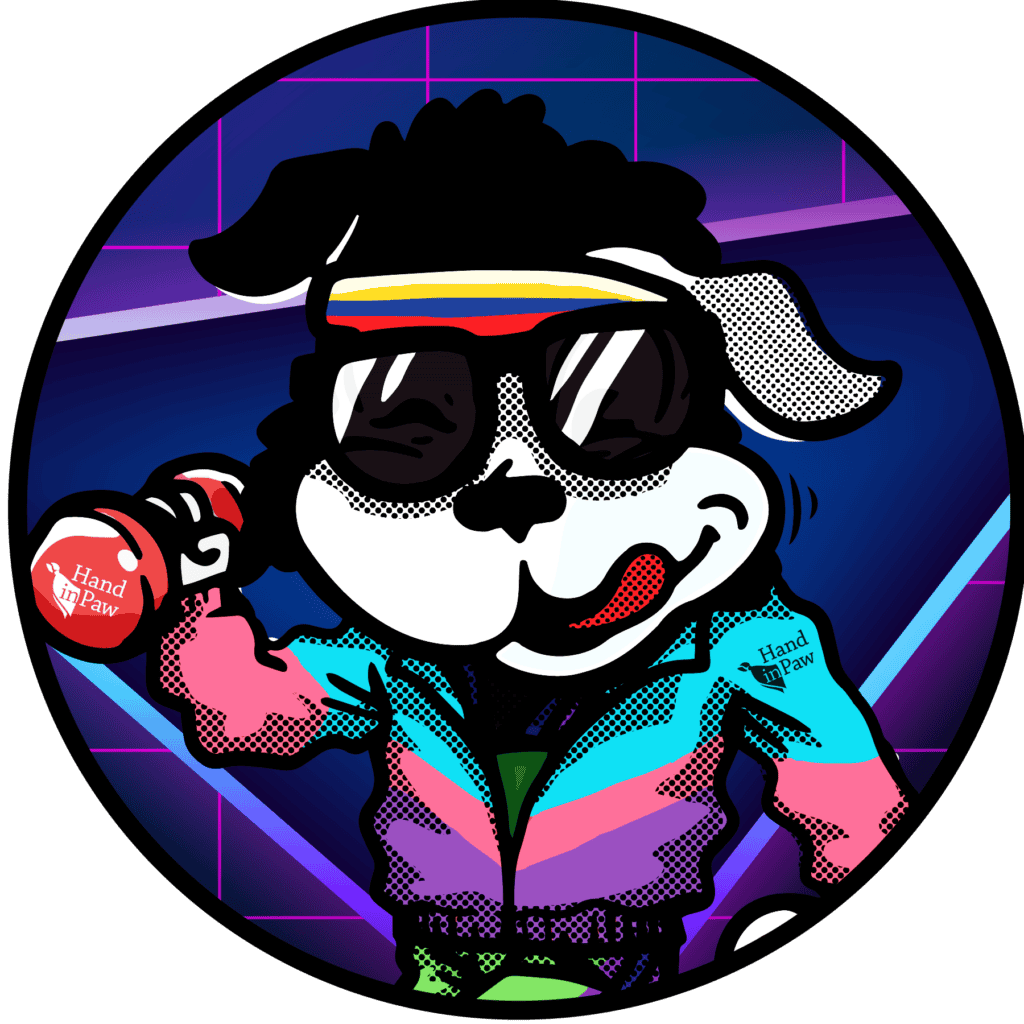 Illustrated dog wearing sunglasses and a colorful outfit for Hand in Paw’s Mutt Strut fun run.