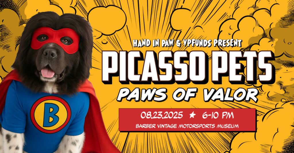 Promotional graphic for the 24th Annual Picasso Pets: Paws of Valor, August 23, 2025, at Barber Vintage Motorsports Museum.