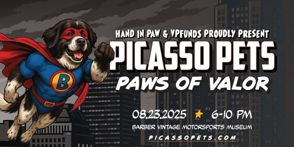 Picasso Pets: Paws of Valor event banner featuring a superhero dog, August 23, 2025, at Barber Vintage Motorsports Museum.