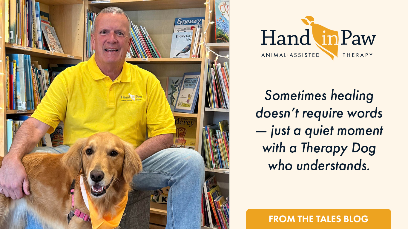 Hand in Paw handler with golden retriever therapy dog. Text reads: Sometimes healing doesn’t require words — just a quiet moment with a Therapy Dog who understands.