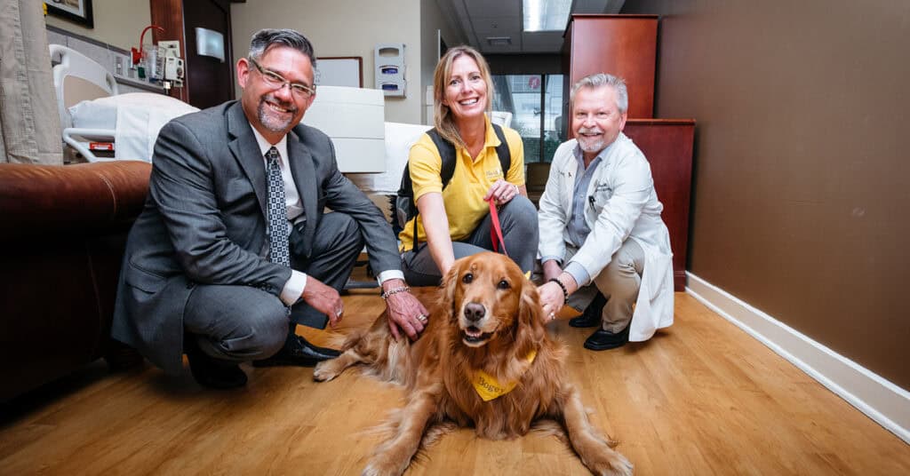 Hand in Paw Therapy Team members with a therapy dog in a care setting