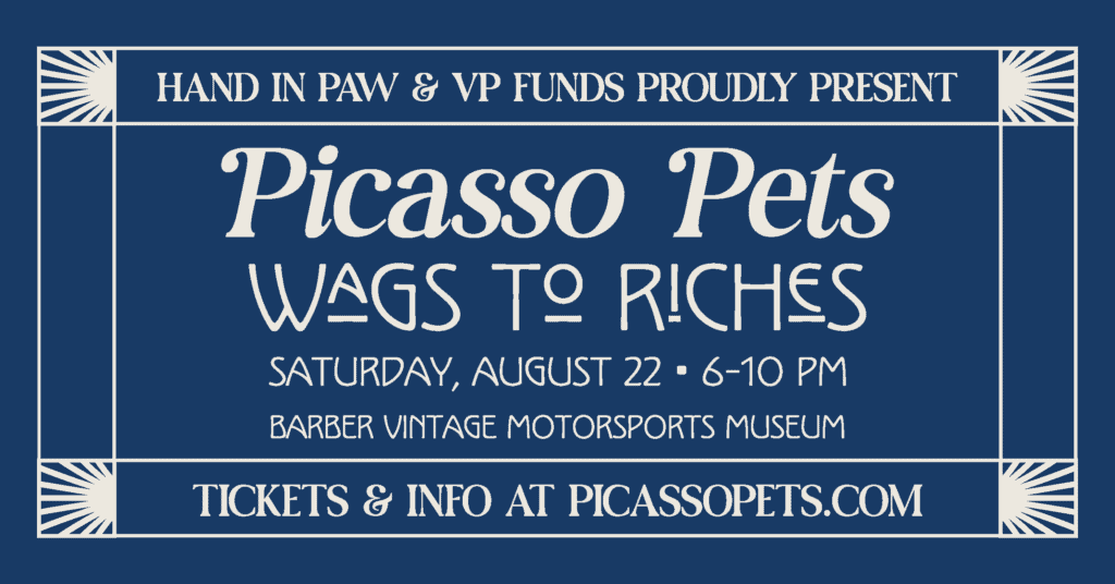 Picasso Pets: Wags to Riches event banner with August 22 date, 6–10 PM time, and ticket information.