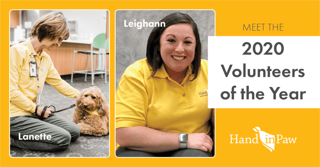Hand in Paw 2020 Volunteers of the Year, featuring Therapy Team volunteers Lanette and Leighann with a dog.