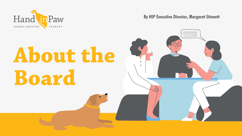 Hand in Paw About the Board banner featuring a therapy dog and three people talking.