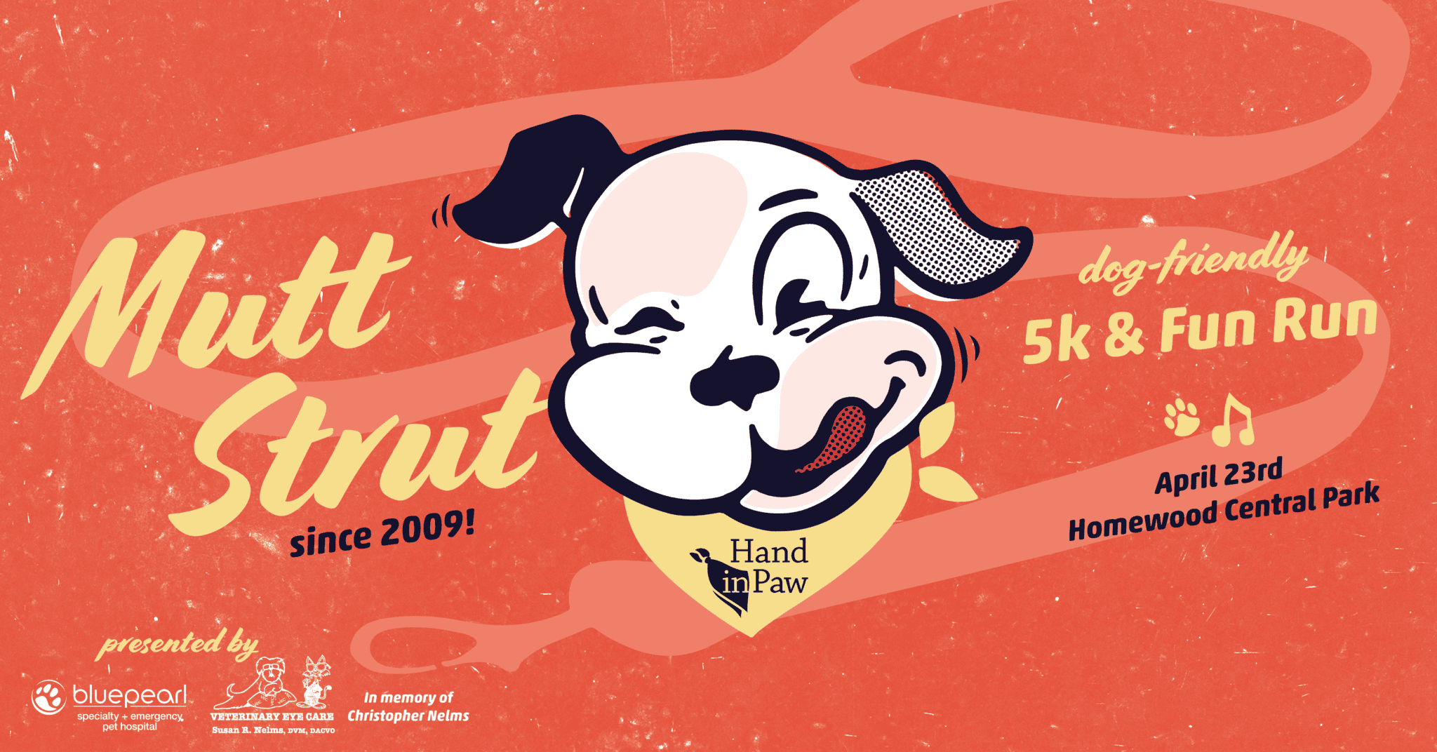 Mutt Strut dog-friendly 5K and fun run event graphic for Hand in Paw at Homewood Central Park on April 23.