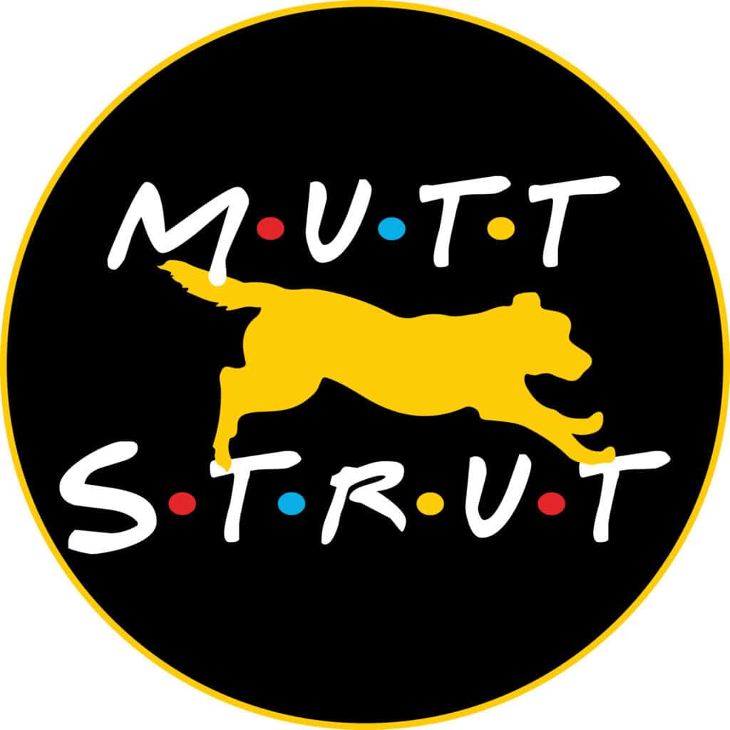 Mutt Strut logo featuring a yellow running dog inside a black circle.