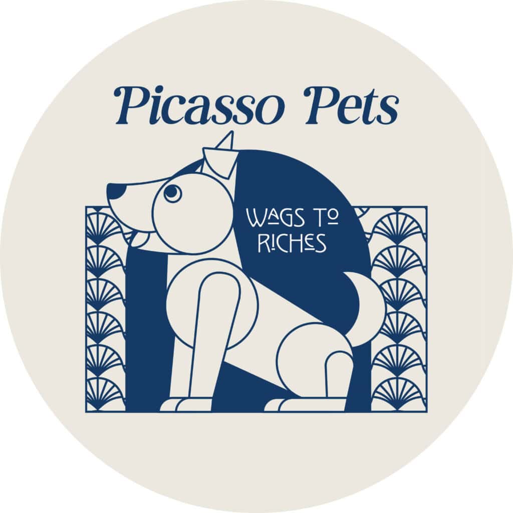 Picasso Pets Wags to Riches graphic featuring a stylized dog in an art deco design